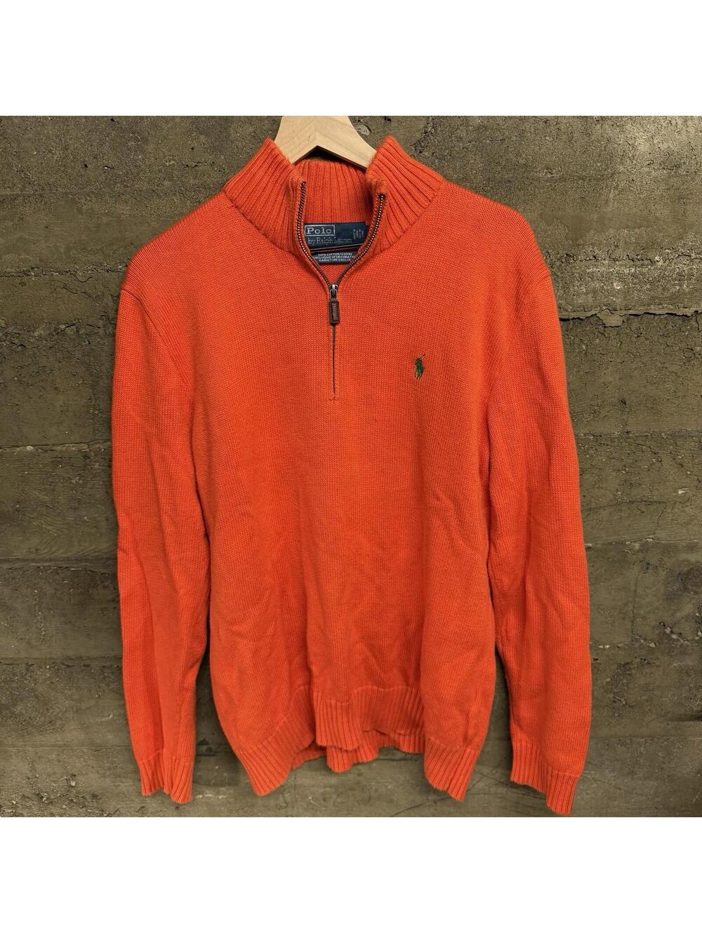 Polo Ralph Lauren LARGE L ORANGE 1/2 HALF ZIP SWEATER GREEN PONY